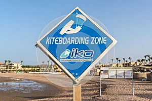 Kiteboarding sign, kitesurfing signpost on a beach at Makadi Bay, Red Sea in Egypt