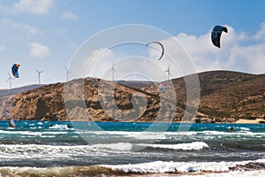 Kiters and windsurfers in the Gulf of Prasonisi. Rhodes Island.