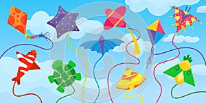 Kites in clouds, origami paper kite fly in blue sky. Makar sankranti festival background. Summer children outdoor funny