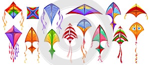 Kites icons, paper toys flying on wind in sky