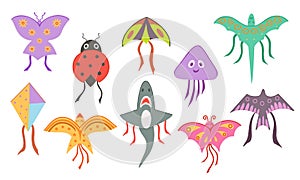 Kites set, summer flying toy for kids in shape butterfly, ladybug, shark, dragon, bird. Vector Illustration for backgrounds,