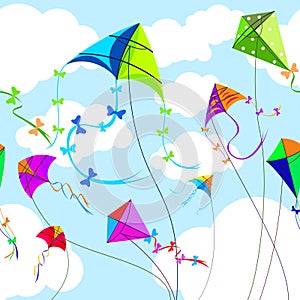 Kites and sky with clouds horizontal seamless