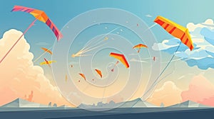 Kites in sky. Summer blue skies and clouds with kite on string flying in wind. Kites festival banner