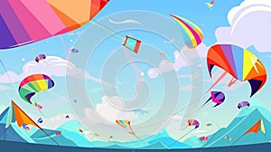 Kites in sky. Summer blue skies and clouds with kite on string flying in wind. Kites festival banner