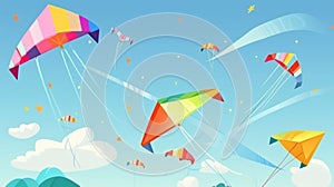 Kites in sky. Summer blue skies and clouds with kite on string flying in wind. Kites festival banner