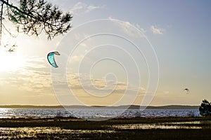 Kitesurf sail in evening sunset beach lake lacanau kitesurfing sunrise in france