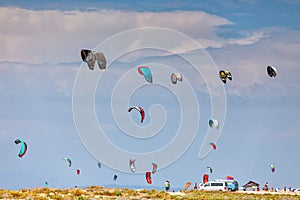 Kitesurfers on the Milos beach in Lefkada, Greece