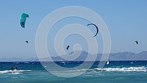 Kitesurfers in Theologos, Rhodes Island, Greece.