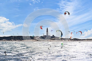 Kitesurfing on the beach of Los Caños de Meca, Barbate, Cadiz