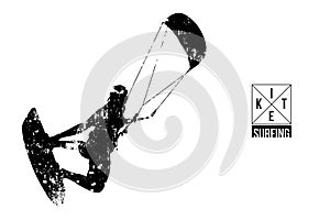 Kitesurfing and kiteboarding. Silhouette of a kitesurfer. Man in a jump performs a trick. Big air competition. Vector