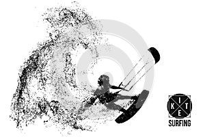 Kitesurfing and kiteboarding. Silhouette of a kitesurfer. Man in a jump performs a trick. Big air competition. Vector