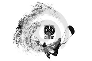 Kitesurfing and kiteboarding. Silhouette of a kitesurfer. Man in a jump performs a trick. Big air competition. Vector photo