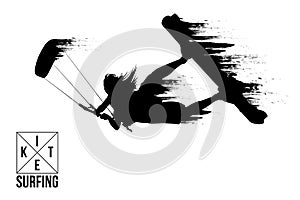 Kitesurfing and kiteboarding. Silhouette of a kitesurfer. Woman in a jump performs a trick. Big air competition