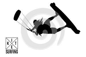 Kitesurfing and kiteboarding. Silhouette of a kitesurfer. Woman in a jump performs a trick. Big air competition photo