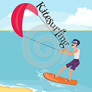 Kitesurfing water extreme sports, design element for summer vacation activity concept, cartoon wave surfing