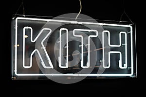 Kith NYC clothing store interior neon logo sign in SoHo, Manhattan.