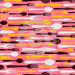 Kithen utensils fork, knife, spoon in colors doodle seamless pattern background