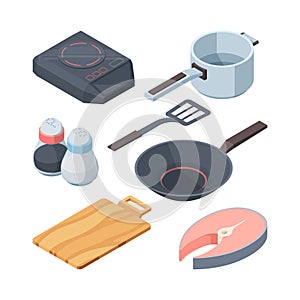 Kithhen cook set. Electric stove white cooking ladle slice of red fish frying pan for frying pepper salt, wooden board