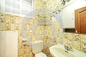 Kitsch toilet with yellow tiles silk-screened