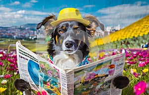 kitschy funny dog reading a newspaper