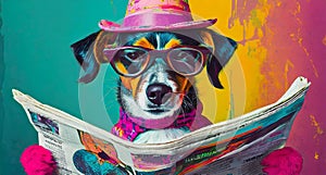 kitschy funny dog reading a newspaper