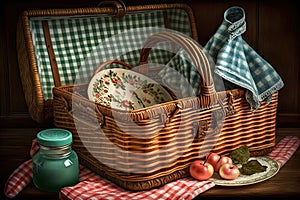 kitschy picnic basket with old-fashioned wicker and checkered blanket