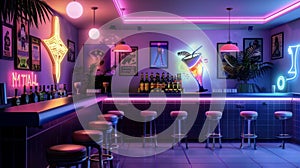 A kitschy and retrothemed bar adorned with vintage posters and neon signs serving up unconventional concoctions like