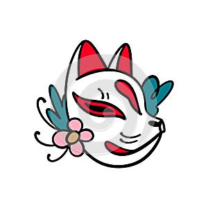 Kitsune mask artwork with sakura flower, traditional culture Japanese icon animal face character