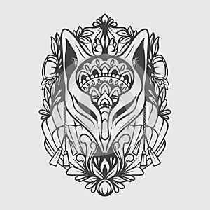 Kitsune mask ornamental stencil black and white vector illustration