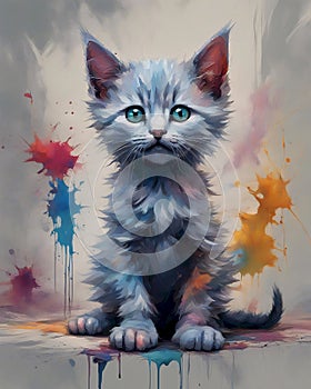 Kitten Amidst a Colorful Ink Splatter photo