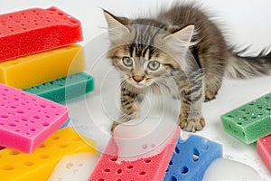 kitten amongst colorful kitchen sponges and dish soap