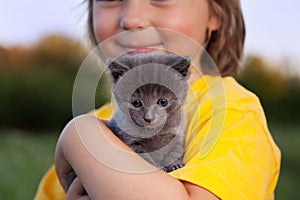 Kitten on arm of the boy outdoors