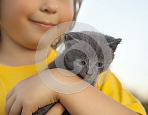 Kitten on arm of the boy outdoors, child huge his love pet