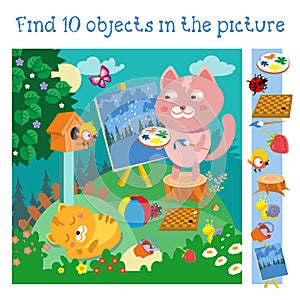 Kitten artist draws landscape. Character in cartoon style on summer background. Find 10 objects. Game for children