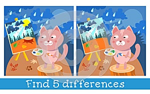 Kitten artist draws landscape. Character in cartoon style on summer background. Find 5 differences. Game for children