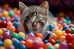A kitten on the background of a pile of bright plastic balls. Generative ai.