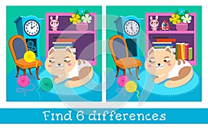 Kitten and balls of thread in room. Characters in cartoon style with background. Find 6 differences. Game for children