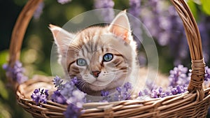 kitten in basket An adorable Scottish kitten with bright, inquisitive eyes, snuggled up in a cozy woven basket