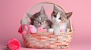 kitten in a basket with spring flowers and fabric hearts, pink gradient background