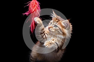 kitten batting a feather toy as it dangles from above