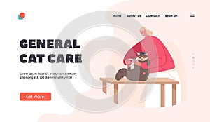 Kitten Beauty. Landing Page Template. Hairdresser Character Cutting Cat Talons with Scissors in Salon, Animal Care