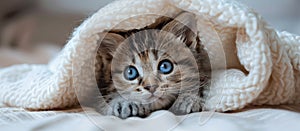 Kitten With Blue Eyes Hiding Under Blanket