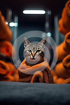 Kitten in bodybuilder style in the gym. Fellow training cat with a look of determination.