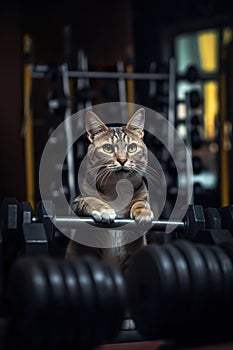 Kitten in bodybuilder style in the gym. Fellow training cat with a look of determination.