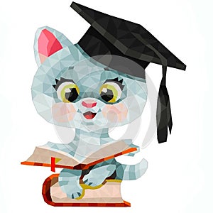 A kitten with a book in her hands and an academic cap on her head. Illustration.