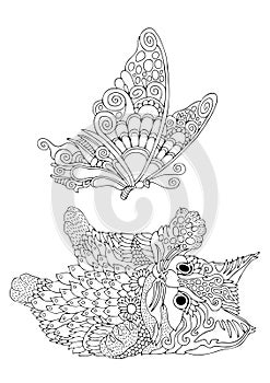 Kitten and butterfly, coloring page