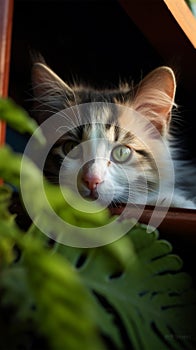 Kitten with captivating green eyes enjoys a playful, relaxing vacation