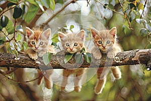 Kitten cat Baby group of animals hanging out on a branch, cute, smiling, adorable Generative AI