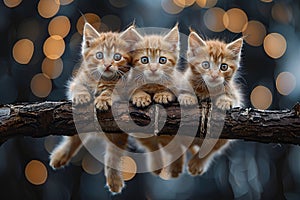 Kitten cat Baby group of animals hanging out on a branch, cute, smiling, adorable Generative AI
