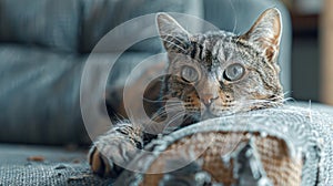 Kitten cat scratching grey fabric sofa at home.Generative AI